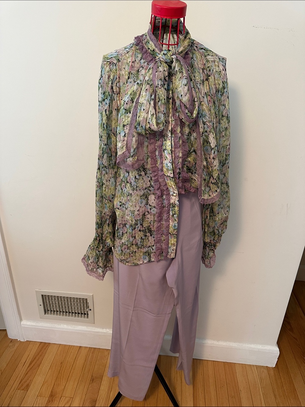 Floral Tie-Neck Blouse in Lavender and Green